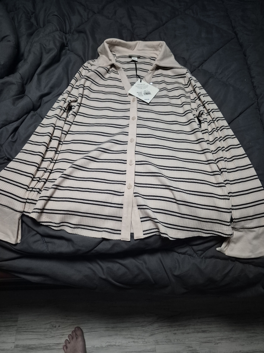 Striped Button-Front Collared Top - Cream & Black